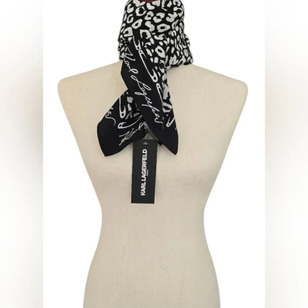 Karl Lagerfeld Black and White Leopard Print Silk Scarf